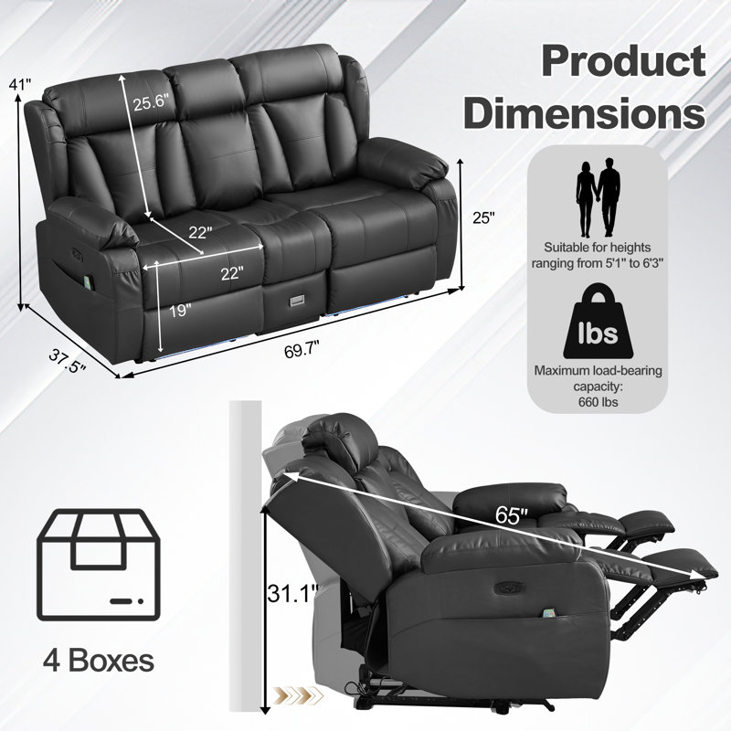 Causeuse inclinable électrique avec massage pour petits espaces Zero Wall Hugger, 2 places avec console, Cuir PU noir