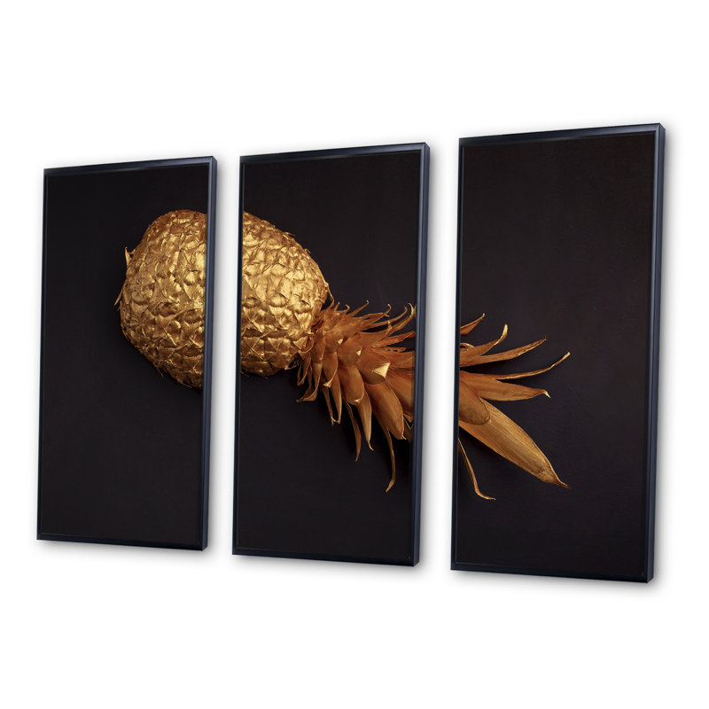 Fleurs tropicales dorées sur fond noir II - reproduction de cadre flottant sur toile 3 pièces, H 28 po x l 36 po x P 1 po