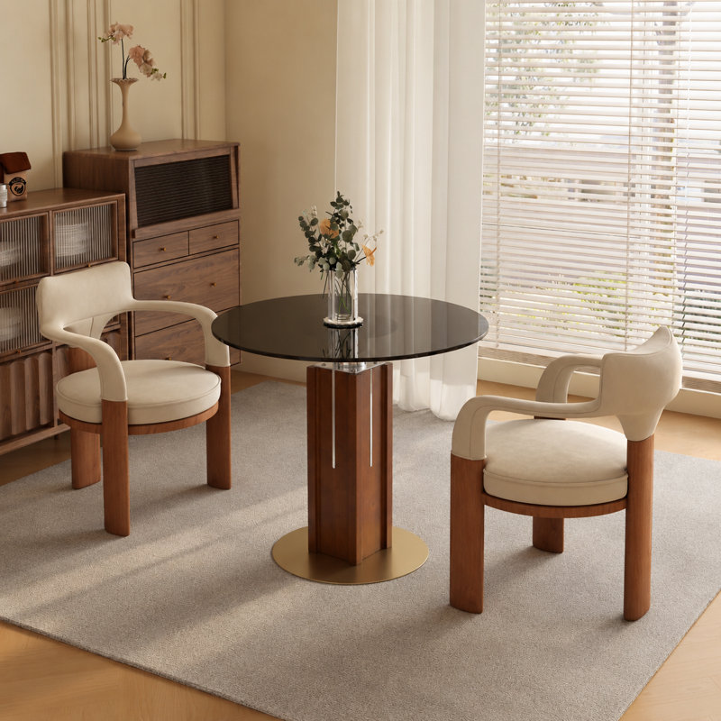 33" Luxe Round Dining Table with Multi-Layer Walnut Pedestal and Brushed Gold Base — Available in Glass, Warm Marble, and Marble Tops