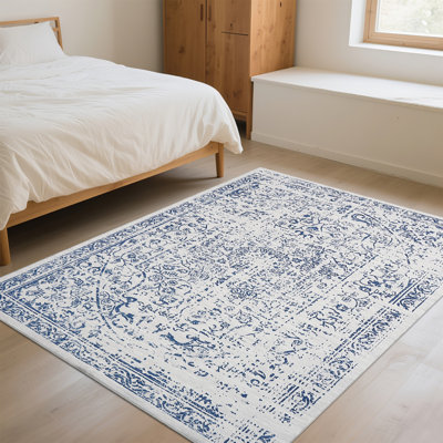 Tapis lavable 8 x 10 po Tapis rétro bleu délavé intérieur pliable Mince chambre à coucher Décoration rétro Tapis antidérapant floral pour le salon Salle à manger Bureau