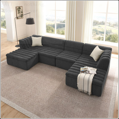 Canapé modulaire en forme de U de 135 po avec méridienne et repose-pieds mobile en forme de U avec méridienne rembourrée en chenille et accoudoirs ondulés, sans oreillers inclus