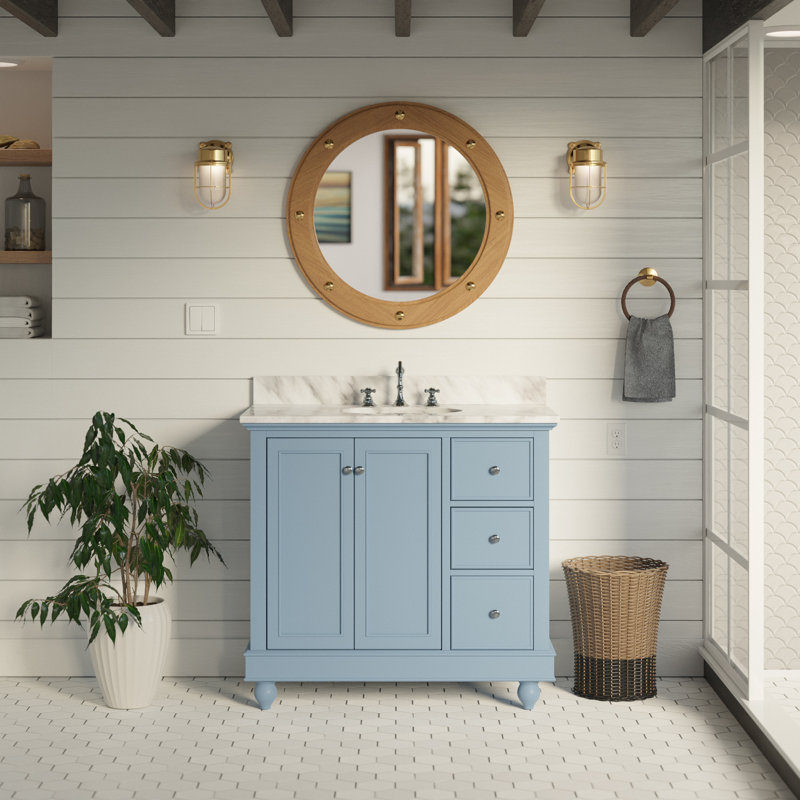 Ensemble de meuble-lavabo simple 36 po Ferdinand, Bleu poudré, Marbre de Carrare