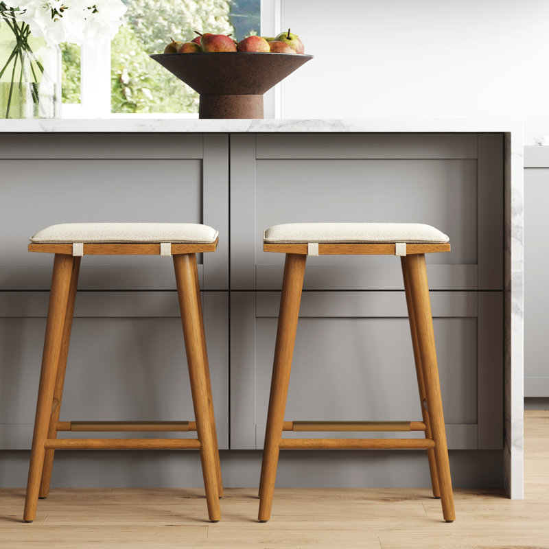 Ensemble de 2 tabourets de bar en bois sans dossier à hauteur de comptoir avec coussin amovible, Brun, Crème Boucle, 2