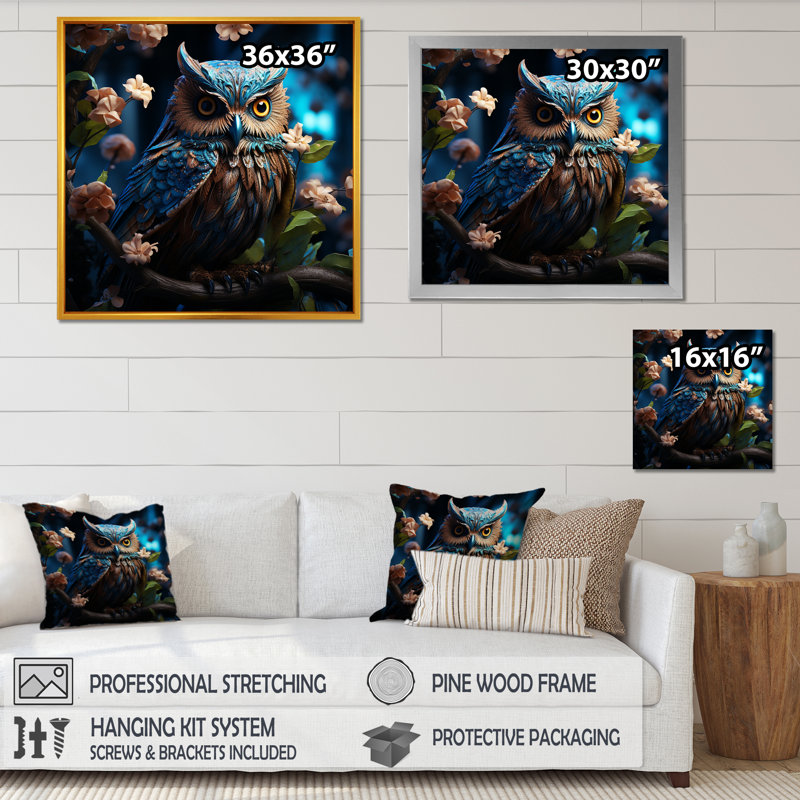 Blue Owls Moonlight Realm III sur toile, Cadre naturel flottant, H 36 po x l 36 po x P 1,5 po
