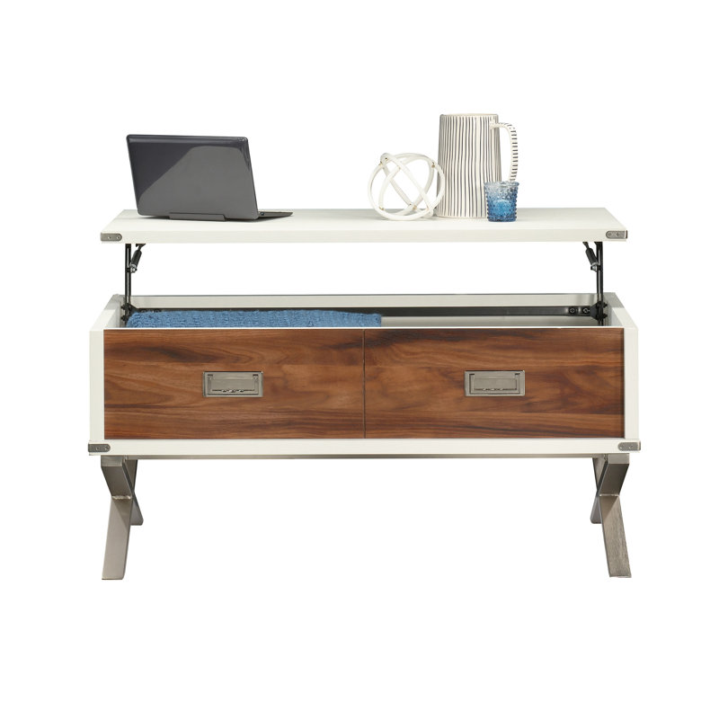 Table basse en bois à plateau relevable avec X pieds en métal, blanc / brun