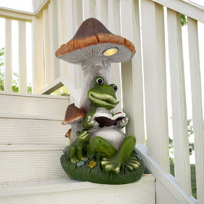 Statue solaire 14 po champignon grenouille lisant