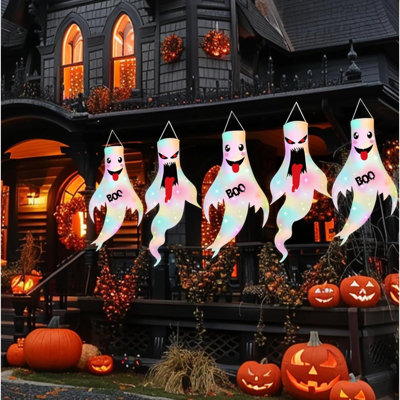 2Pcs 47" Halloween Ghost Windsocks Decorations With LED Light Outdoor Halloween Decorations Hanging Ghost Windsocks Décor