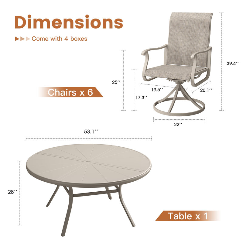 Aluminum Patio Dining Set with 53" Aluminum Round Dining Table and 6 PVC-coated polyester Swivel Dining Chairs