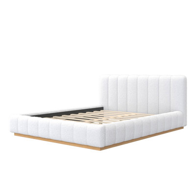 Queen Size Bouclé Upholstered Platform Bed Frame, Low Profile Design with Wood Base, No Box Spring Needed, White