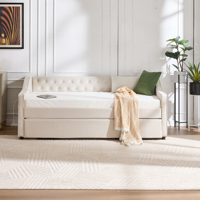 Twin Size Upholstered Daybed with Trundle, USB Port, Side Pockets, and Velvet Fabric for Comfort and Style, Beige