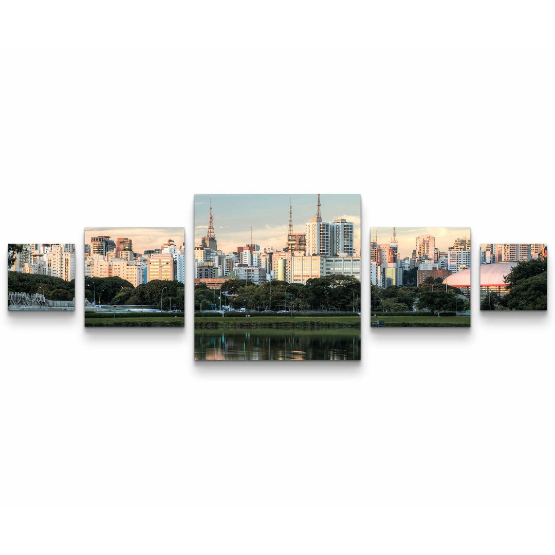 5-tlg. Leinwandbilder-Set Skyline von Sao Paulo mit Spiegelung im Wasser