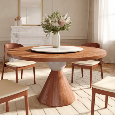 Solid Wood Round Dining Table with Sculptural Sphere-to-Cone Pedestal Base | Thickened Tabletop & Sintered Stone Lazy Susan, Modern Farmhouse Kitchen Dining Table for 4-8
