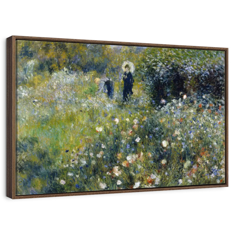Femme avec un parasol dans un jardin, 46 po x 31 po, Cadre flottant noyer