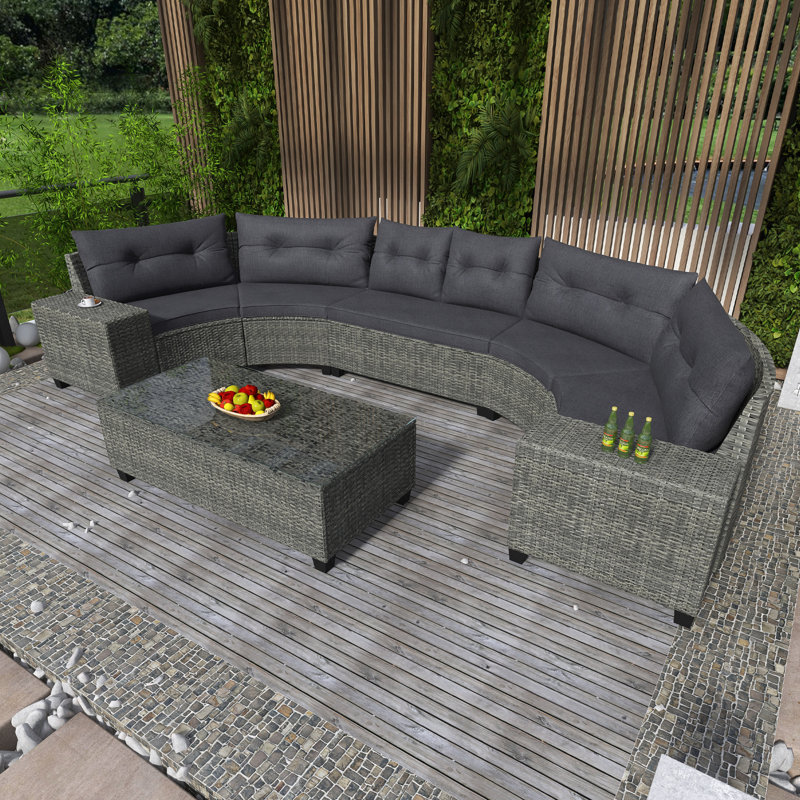 8-Pieces Outdoor Wicker Round Sofa Set, Half-Moon Sectional Sets All Weather, Curved Sofa Set With Rectangular Coffee Table
