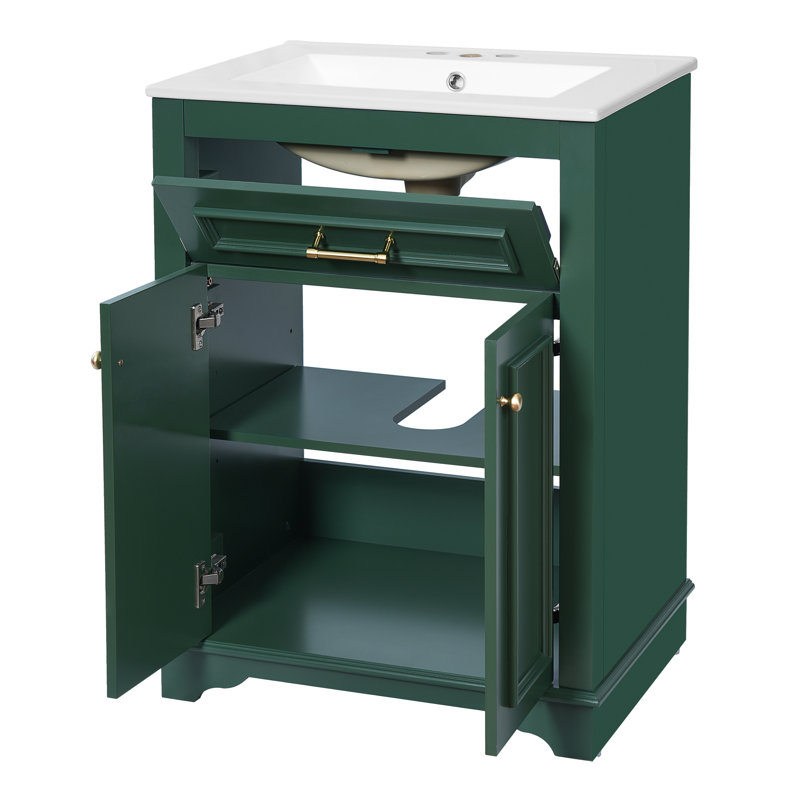Meuble-lavabo 24 po avec lavabo en céramique intégré, armoire de salle de bain avec 2 portes, 1 tiroir basculant et meuble-lavabo simple pour salle de bain de petite et moyenne taille