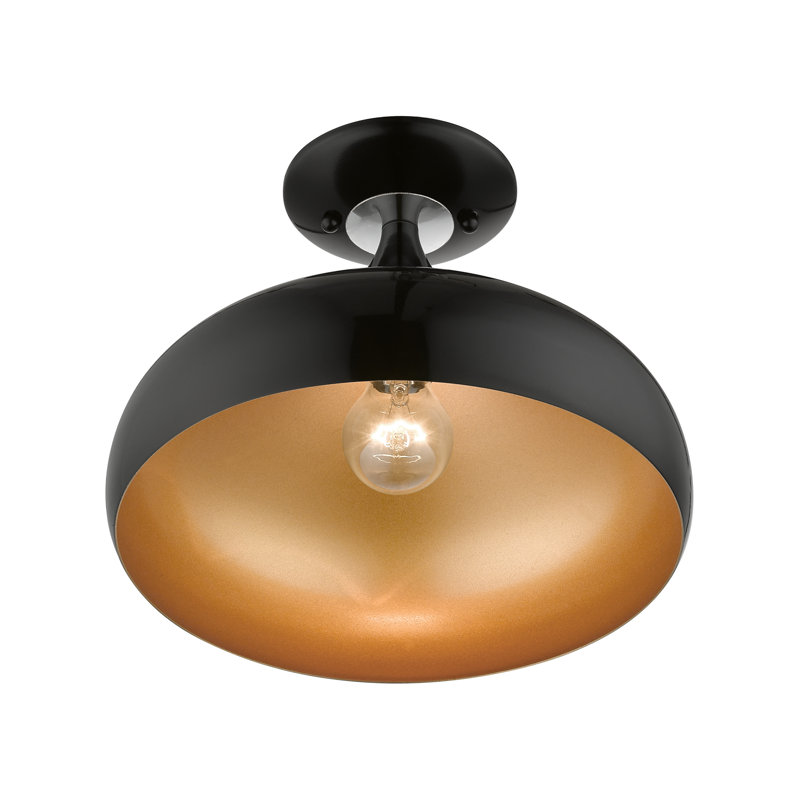 Amador Transitional 1-Light Semi-Flush Mount in Shiny Black with Gold Interior