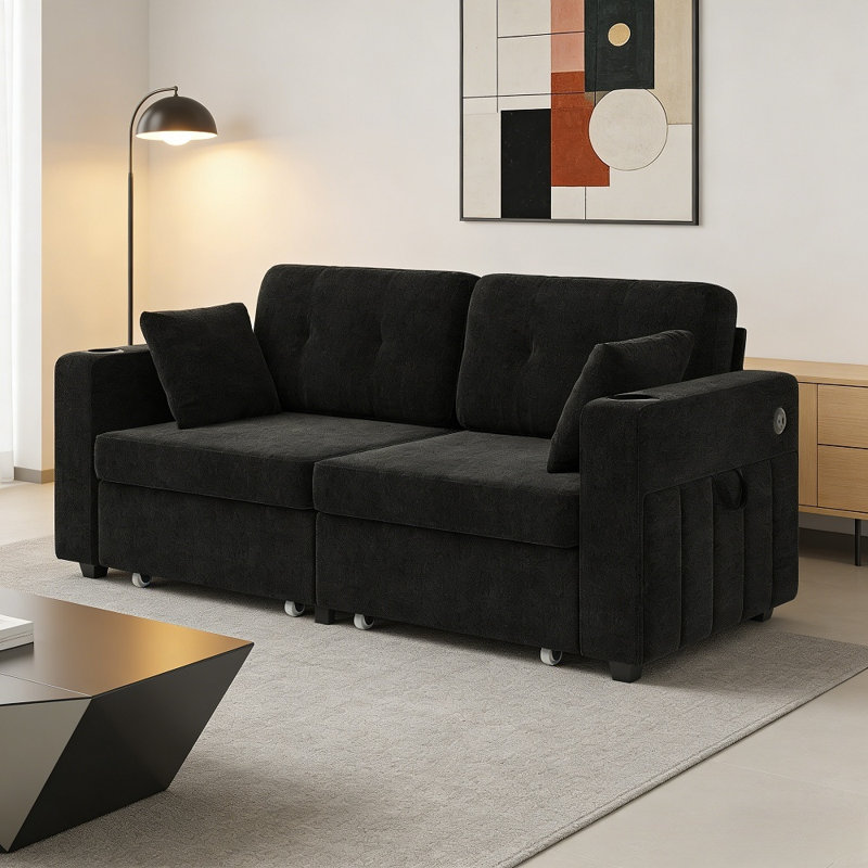 Canapé modulaire moderne à 3 places, canapé en chenille avec port USB et porte-gobelet, facile à installer, Noir