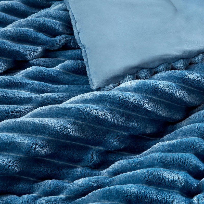 Ensemble d'édredon 3 pièces pour lit double / grand à motif de peluches nervurées Bleu Avril, Bleu
