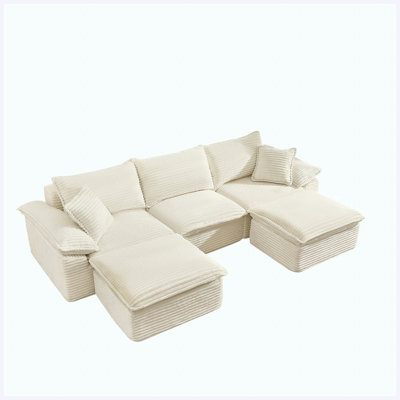 113" Oversized U-Shaped Modular Cloud Sectional Sofa, Corduroy Upholstered Deep Seat Couch with Movable Ottoman, No Assembly Required for Living Room Apartment Office, Beige