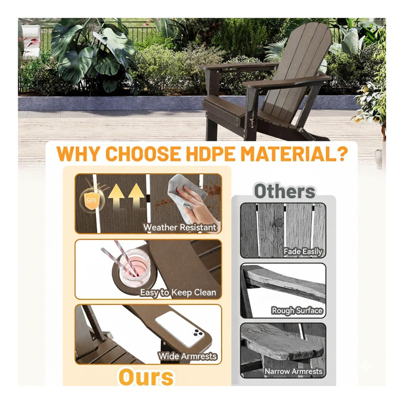 Foldable HDPE Adirondack Chair with Hidden Cup Holder - Weather Resistant Outdoor Patio Furniture in Brown, 1, Brown