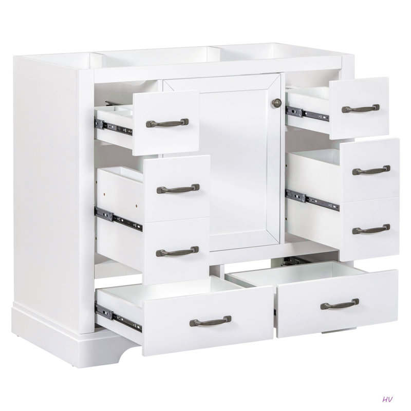 Meuble-lavabo 36 po sans lavabo, base d'armoire seulement, six tiroirs, diviseur de tiroir multifonctionnel, tablette réglable