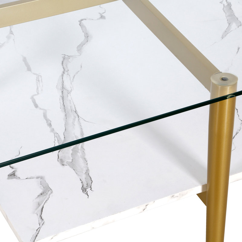 Table basse à 4 pieds avec rangement Otto, Laiton, Marbre blanc / transparent, Marbre