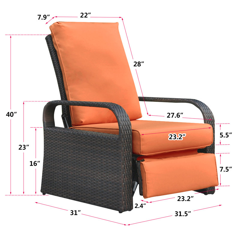 Outdoor all-weather aluminum+PE wicker adjustable recliner patio chair with cushion, Orange, Black