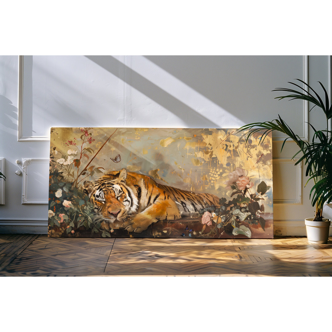 Wandbild 120x60cm Schlafender Tiger Kunstwerk Blumen Schmetterlinge