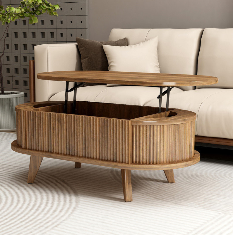 Table basse cannelée à plateau relevable avec compartiment caché, table centrale en bois, plateau de table ovale moderne pour bureau à domicile, couleur brun noyer