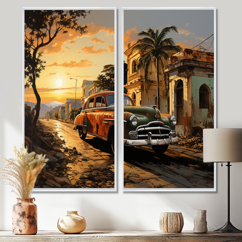 «Cuba Havana Sunset», ensemble de 2 reproductions d'art murales jaunes, H 40 po x l 40 po, Impression encadrée flottante