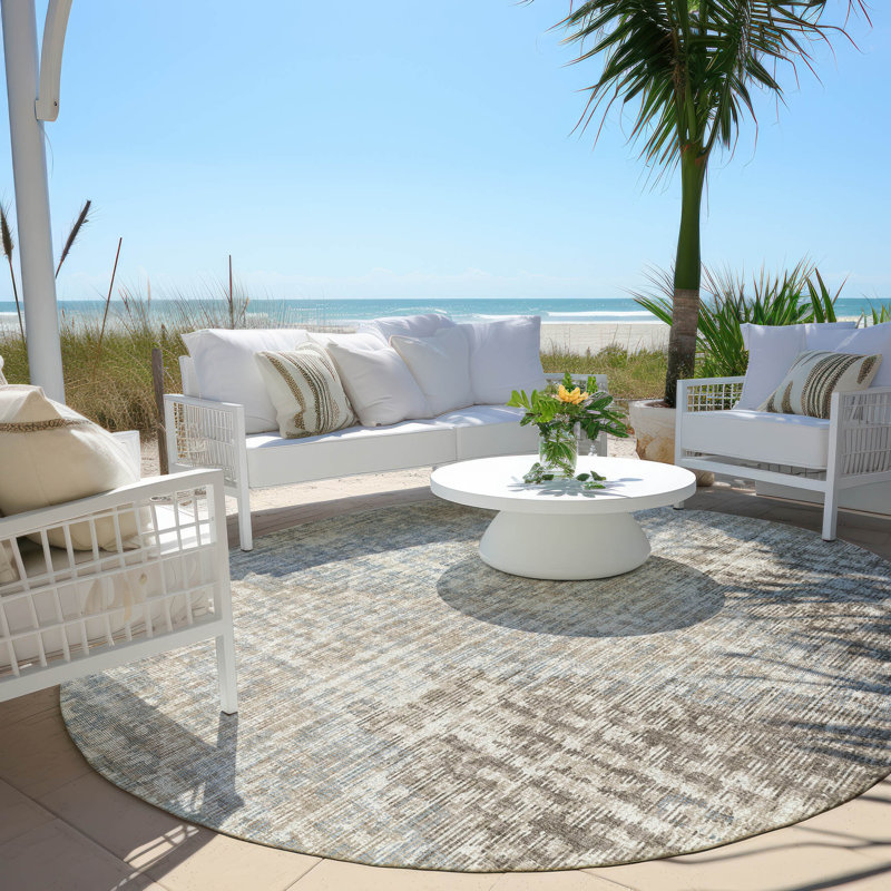 Machine Washable Indoor/Outdoor Xhevrie Putty Rug, Round 8'