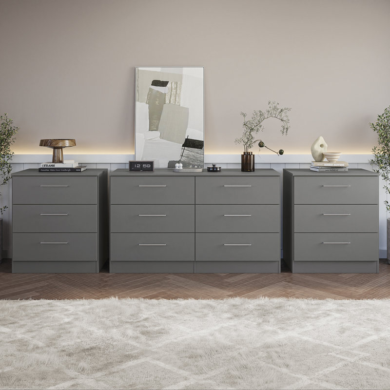 Ensemble de chambre à coucher moderne 3 pièces Montigny: commode à 6 tiroirs et deux commodes à 3 tiroirs, Gris