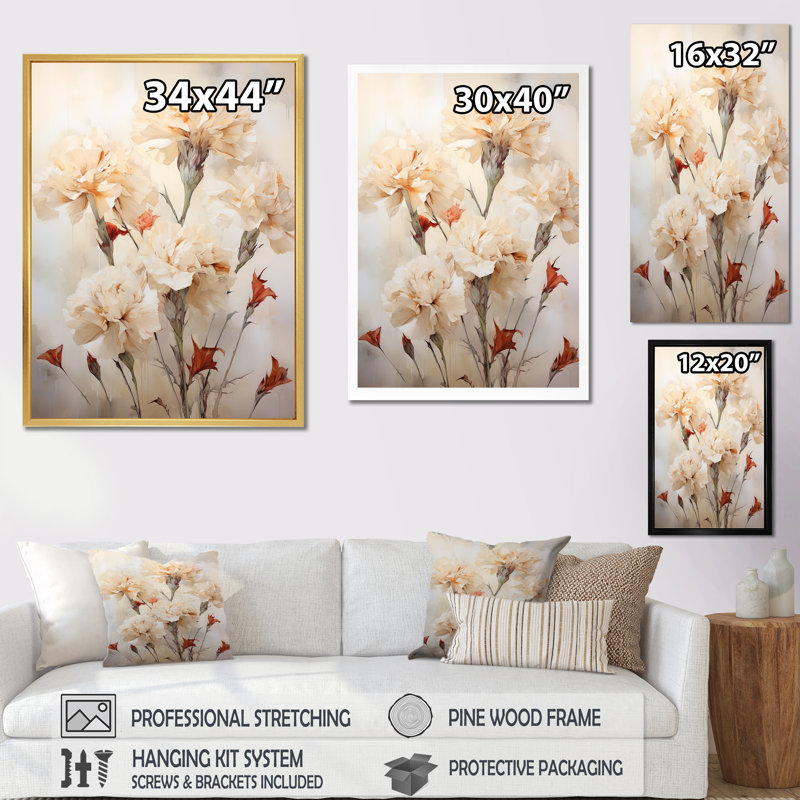 Minimalisme, œillets, bouquet I sur toile, Cadre doré simple, H 20 po x l 12 po x P 1 po
