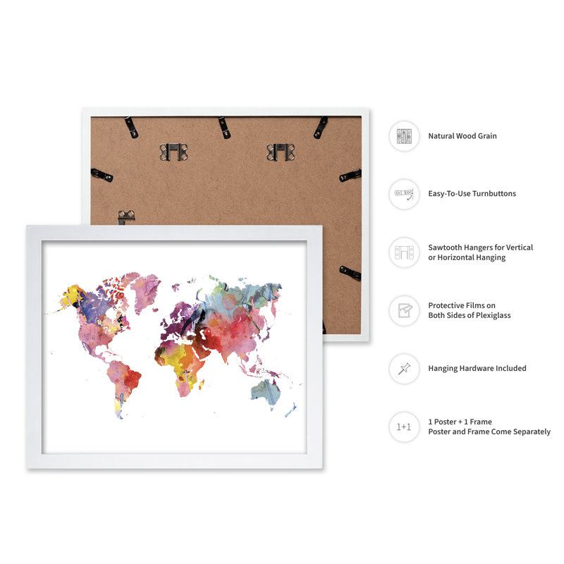 Rainbow Coloured Map, Poster, 18"H x 24"W, White Framed