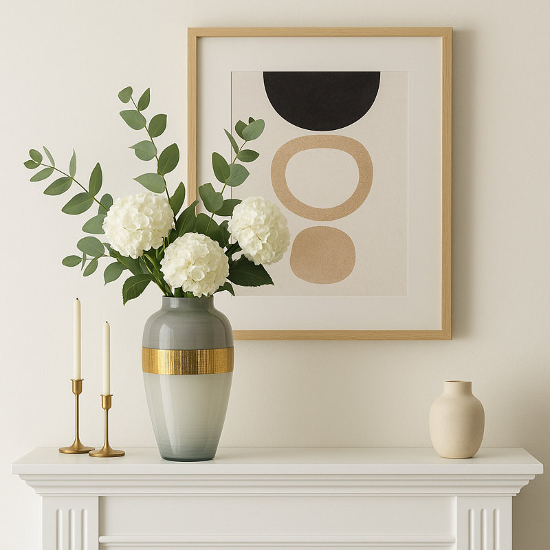 Decorative Glass Vase with Textured Metal Band Accent for Home Decor - Talll Flower Vase Design Feature for Living Room Table Style - 21", White & Gold