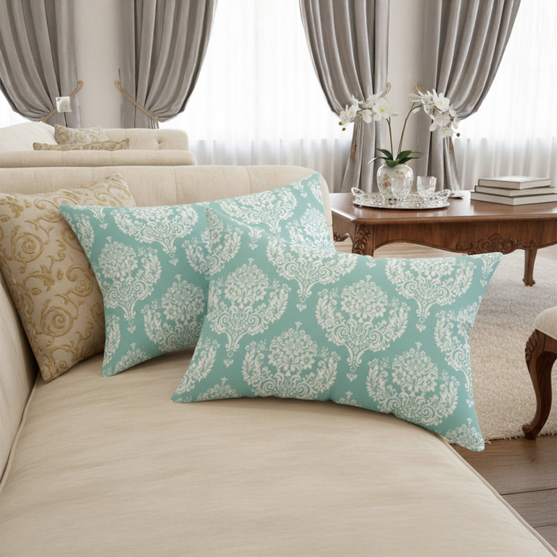 Washable Vintage Damask Pattern Pillowcase Set (2 Pieces) – Aqua Blue, Teal Damask