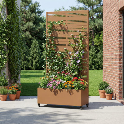 Boîte à fleurs en métal avec treillis et roues
