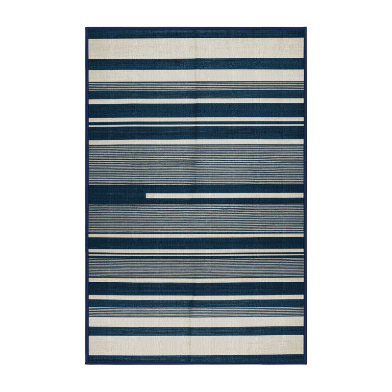 Washable Steel Blue White Striped Area Rug, Rectangle 7' x 10'