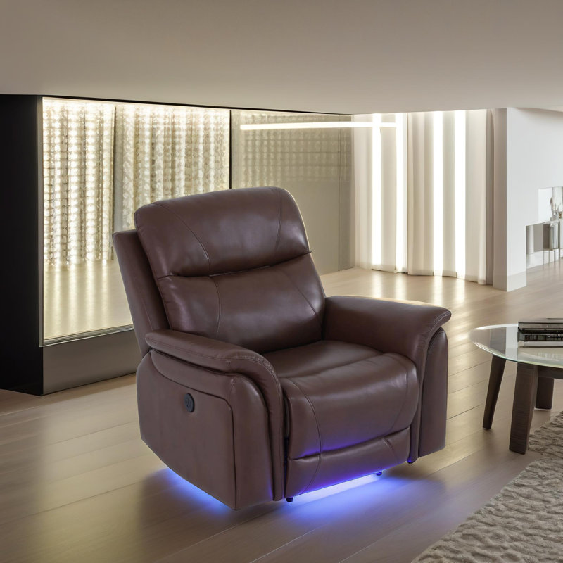 Chester Reddish  Brown  Vegan Leather  Reclining  Chair With Cup-Holders And LED Lights