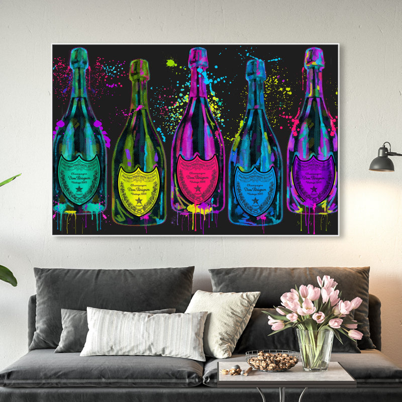 Drinks and Spirits Luminous Party Champagne Bottles, impression sur toile, H 24 po x l 36 po, Cadre flottant blanc
