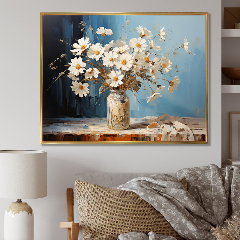 «White Daisy Efflorescence Bouquet Serenity I», reproduction sur toile, Cadre flottant doré, H 30 po x l 40 po x P 1,5 po