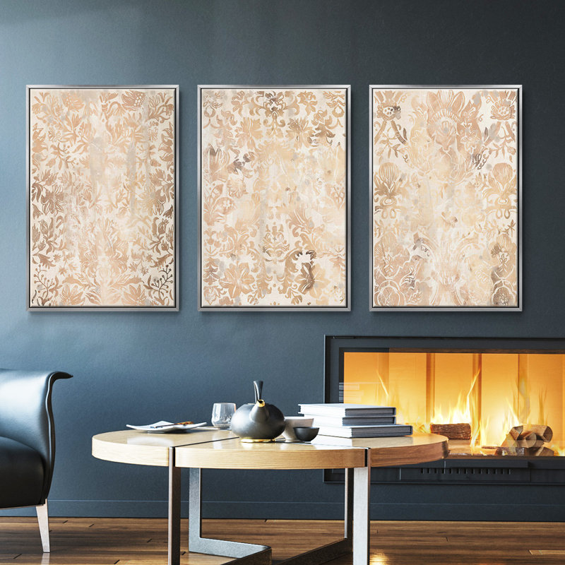 Noyer damassé I, ensemble de 3 pièces encadrées sur toile, H 36 po x l 72 po, Argent