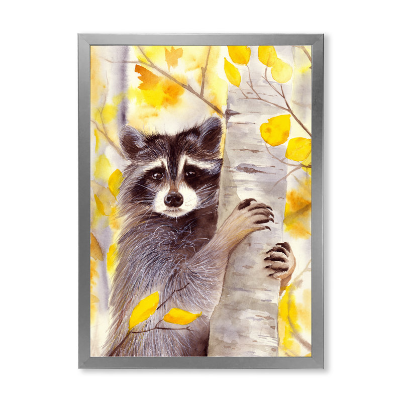 «A Cute Racoon on a Birch Tree with Autumn Yellow I», peinture sur toile, H 44 po x l 34 po