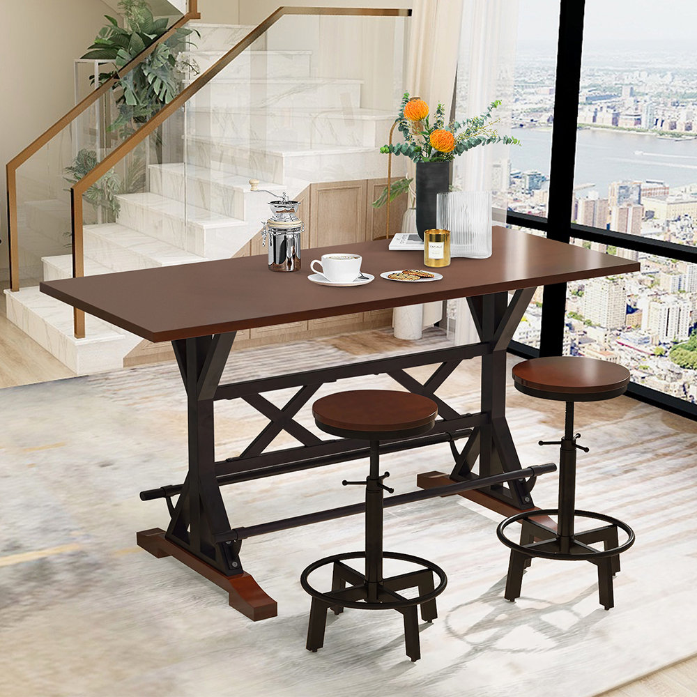 17 Stories 3Piece Dining Table Set, Rustic Industrial Adjustable