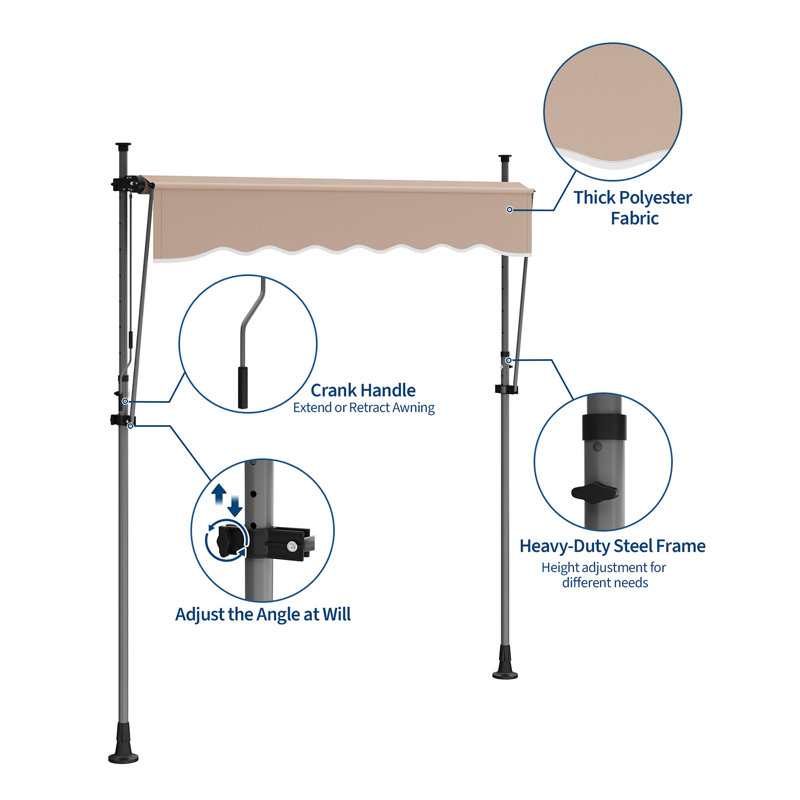 Auvent de patio manuel rétractable, pare-soleil d'extérieur de 118 po avec hauteur et angle réglables, auvent rétractable résistant aux rayons UV pour les fenêtres, les portes, le balcon ou le patio