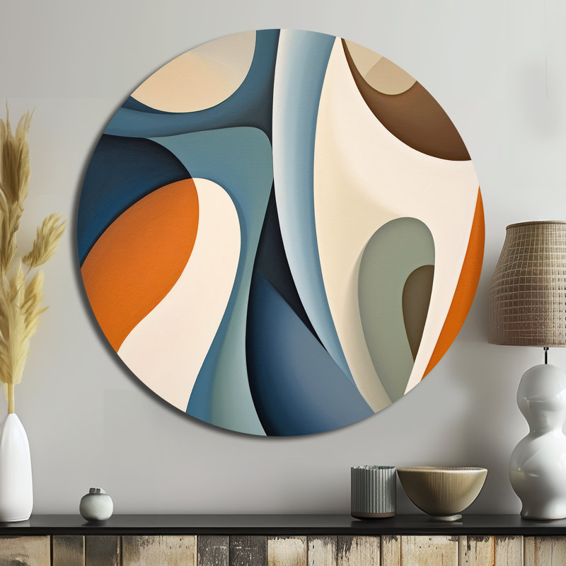 Visions symétriques bleues et orange - art abstrait rond en métal, H 23 po x l 23 po