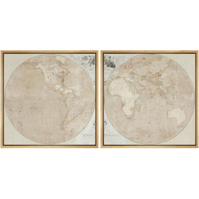 " Tan And Green Vintage World Map Abstract " 2 - Pieces