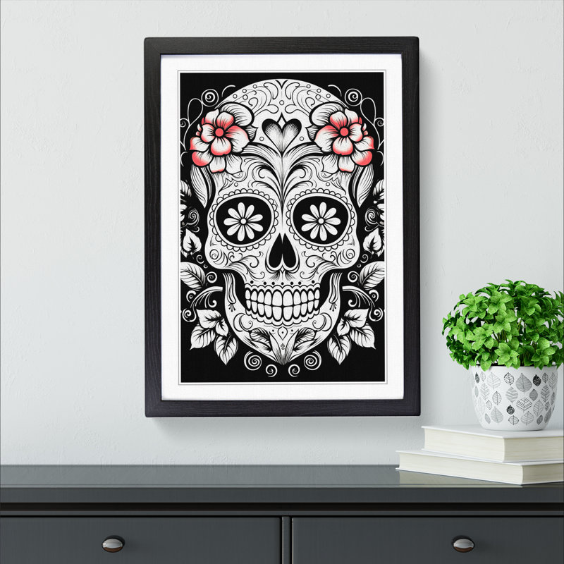 Sugar Skull Line No.2 - Single Picture Frame Print on Wood, 64cm H x 46cm W x 2cm D, Black