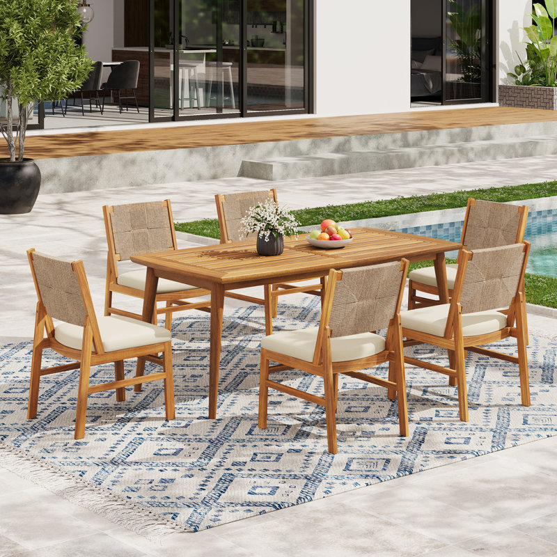 Zaytoune Outdoor 7-Piece Acacia Wood & Wicker Woven Dining Set With Cushions