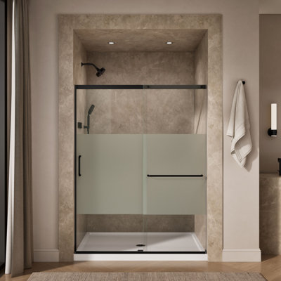 Elate Tall Sliding Shower Door, 75-1/2-In H X 62-1/4 - 65-5/8-In W With Heavy 5/16-In Thick Crystal Clear Glass With Privacy Band